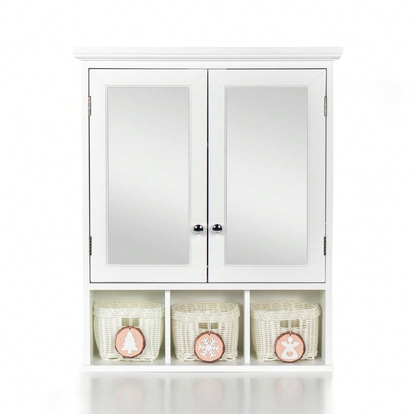 Wall Mounted Double Door Bathroom Cabinet with Mirror and Adjustable Shelves for Storage Baskets in White