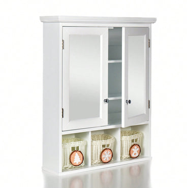 Wall Mounted Double Door Bathroom Cabinet with Mirror and Adjustable Shelves for Storage Baskets in White