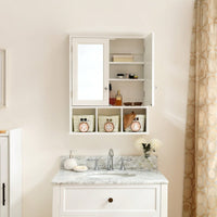 Wall Mounted Double Door Bathroom Cabinet with Mirror and Adjustable Shelves for Storage Baskets in White