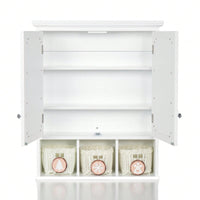 Wall Mounted Double Door Bathroom Cabinet with Mirror and Adjustable Shelves for Storage Baskets in White