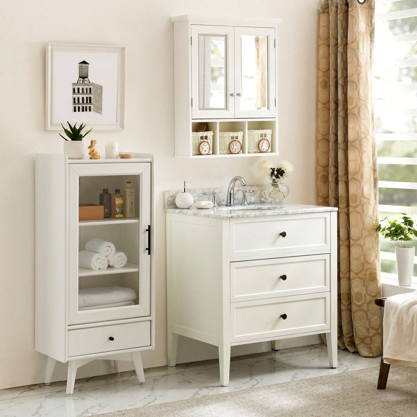 Wall Mounted Double Door Bathroom Cabinet with Mirror and Adjustable Shelves for Storage Baskets in White