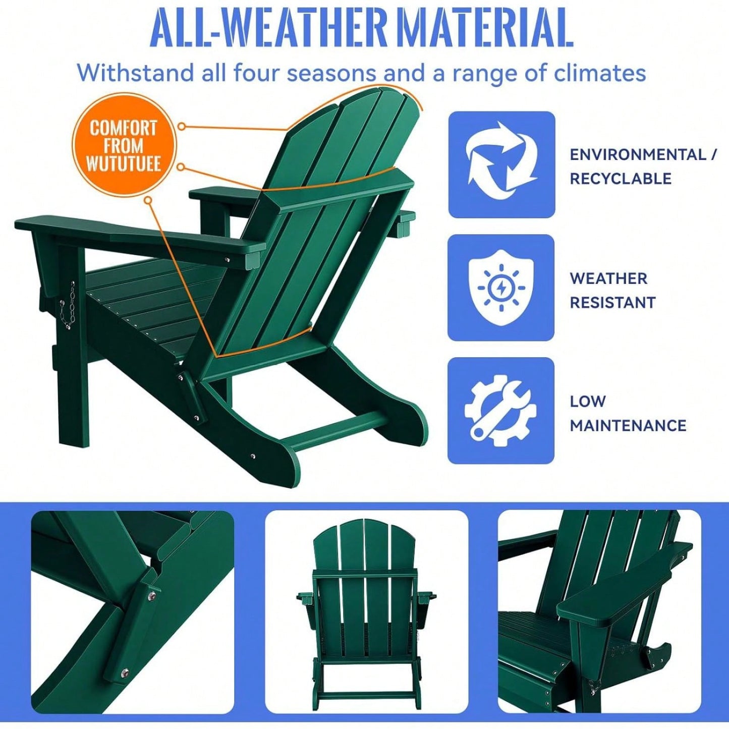 Folding Adirondack Chair, Stackable Arm Rest Ergonomic HDPE All-Weather Adirondack Chair