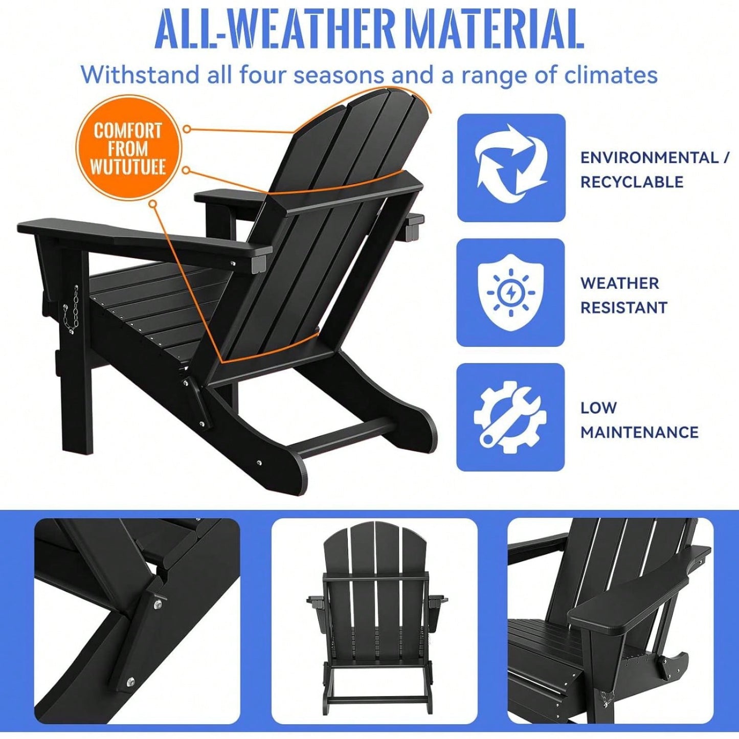 Folding Adirondack Chair, Stackable Arm Rest Ergonomic HDPE All-Weather Adirondack Chair