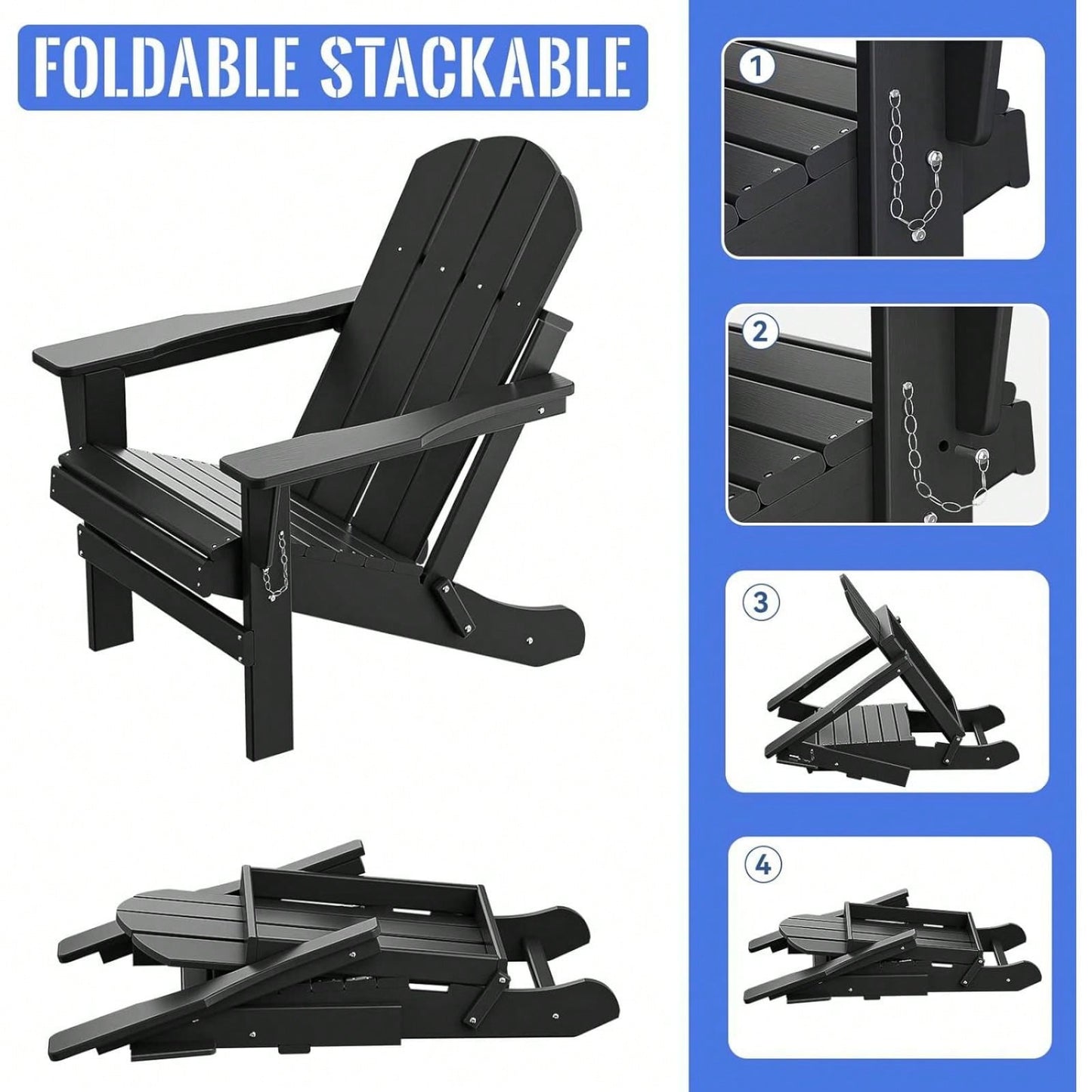 Folding Adirondack Chair, Stackable Arm Rest Ergonomic HDPE All-Weather Adirondack Chair