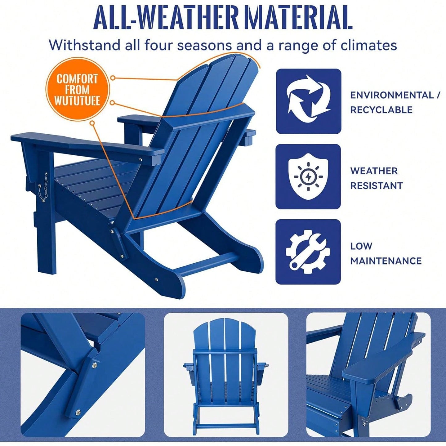 Folding Adirondack Chair, Stackable Arm Rest Ergonomic HDPE All-Weather Adirondack Chair