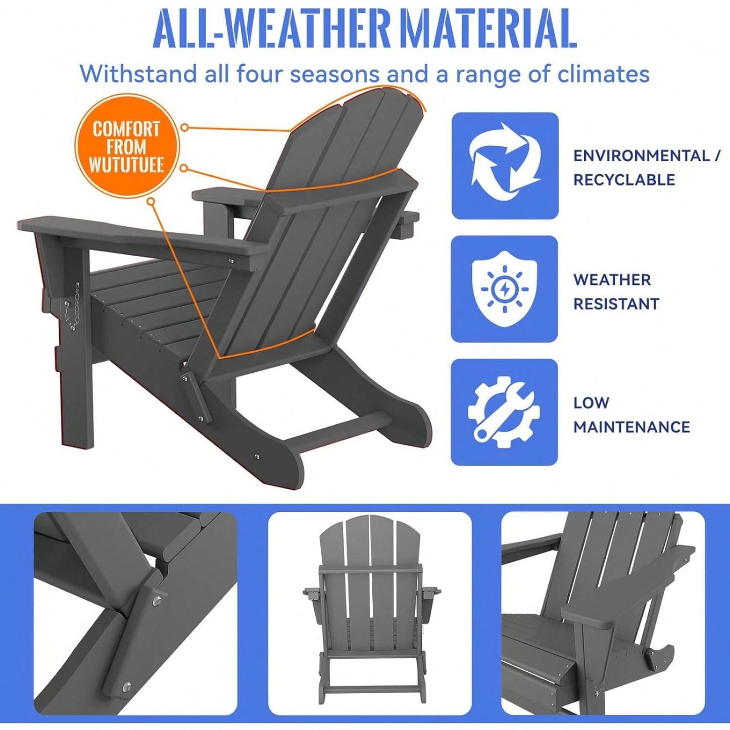 Folding Adirondack Chair, Stackable Arm Rest Ergonomic HDPE All-Weather Adirondack Chair