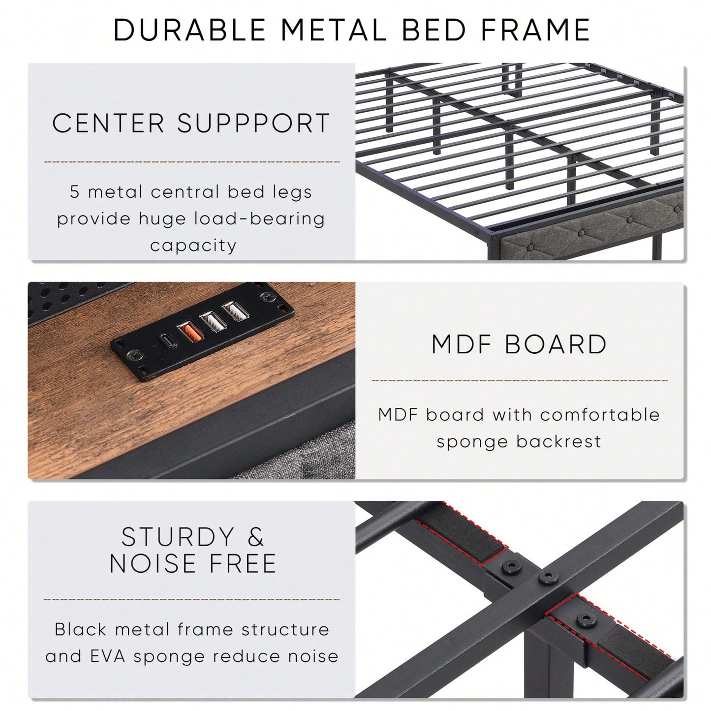 Upholstered Platform Bed with Storage Headboard Charging Station LED Lights Heavy Metal Slats No Box Spring Required Easy Assembly