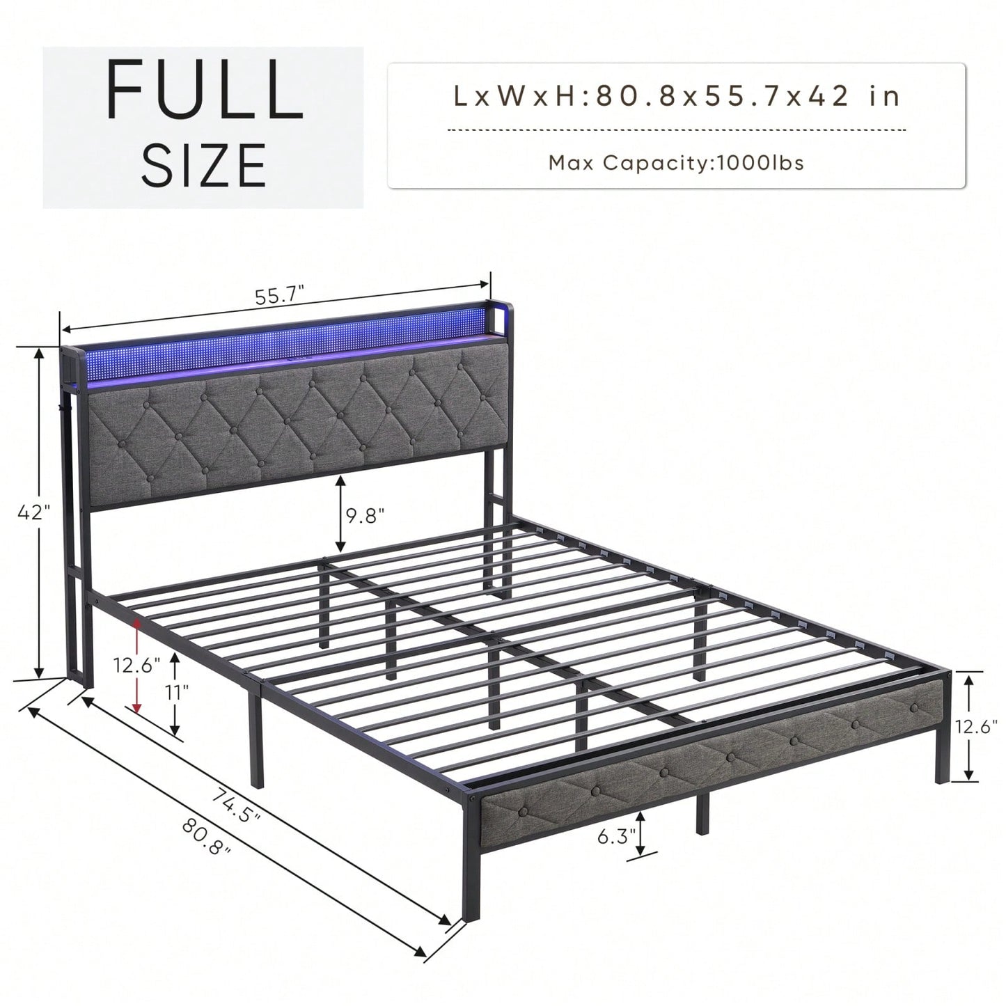 Upholstered Platform Bed with Storage Headboard Charging Station LED Lights Heavy Metal Slats No Box Spring Required Easy Assembly