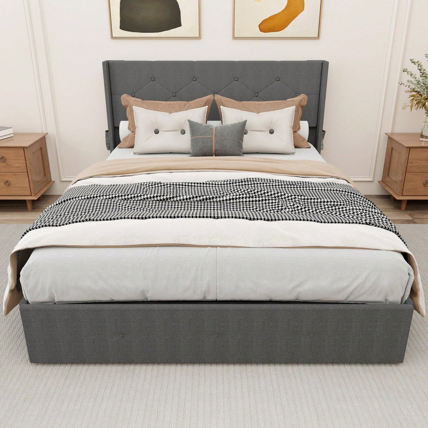 Full Size Bed Frame With Gas Lift Storage Bed, Modern Wingback Headboard, USB Ports, No Box Spring Required