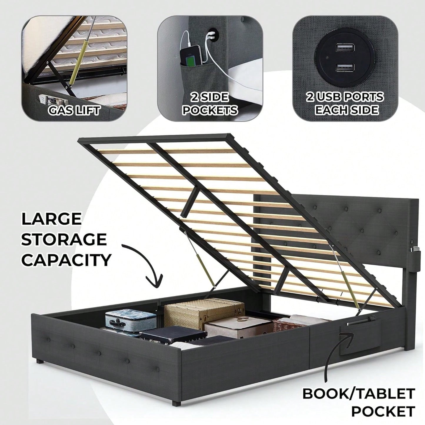 Full Size Bed Frame With Gas Lift Storage Bed, Modern Wingback Headboard, USB Ports, No Box Spring Required