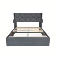 Full Size Bed Frame With Gas Lift Storage Bed, Modern Wingback Headboard, USB Ports, No Box Spring Required