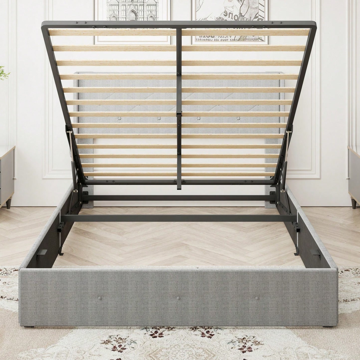 Full Size Bed Frame With Gas Lift Storage Bed, Modern Wingback Headboard, USB Ports, No Box Spring Required