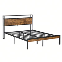 Modern Metal Platform Bed Frame with Wooden Headboard and Footboard Durable Steel Structure Easy Assembly Under-Bed Storage