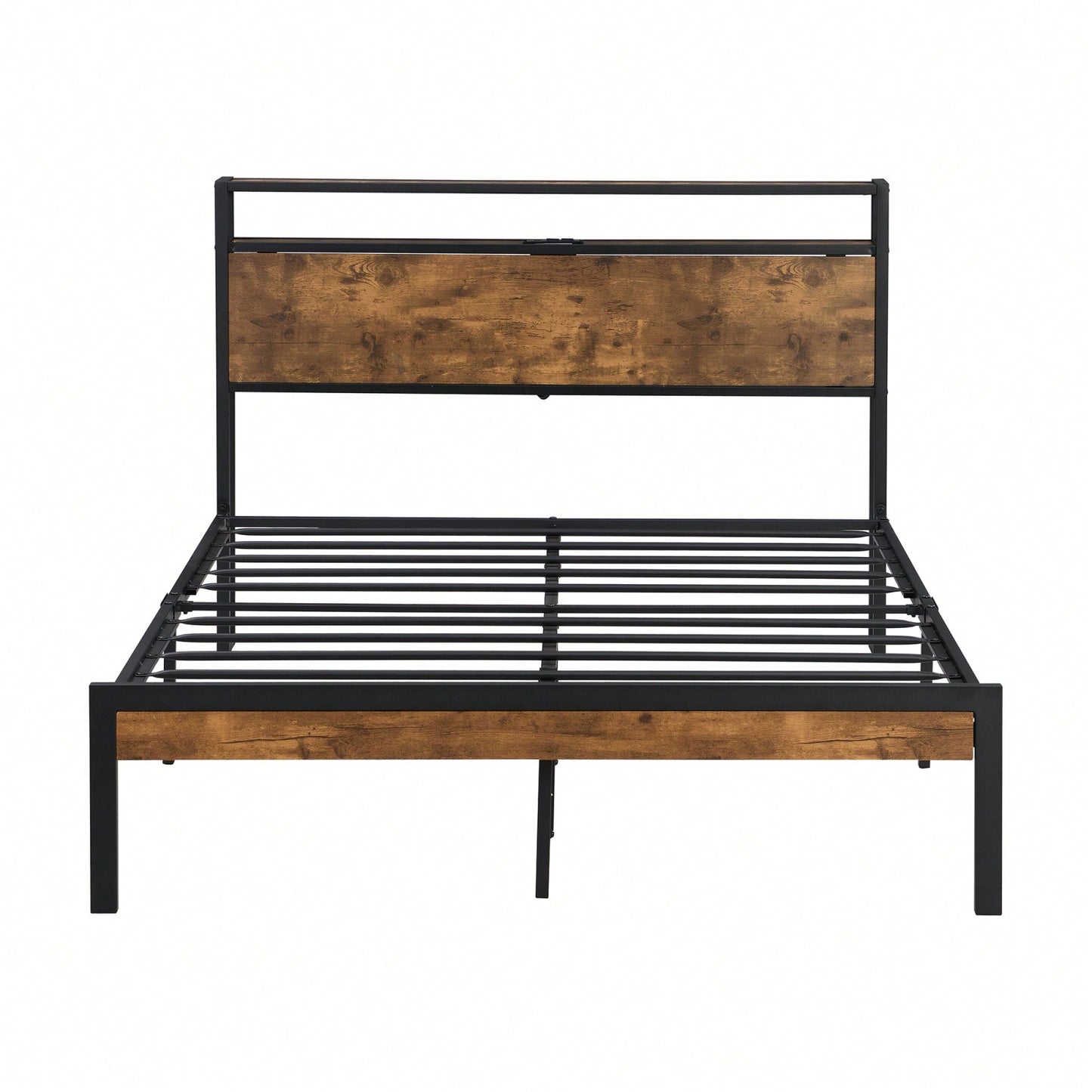 Modern Metal Platform Bed Frame with Wooden Headboard and Footboard Durable Steel Structure Easy Assembly Under-Bed Storage