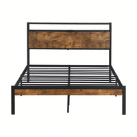 Modern Metal Platform Bed Frame with Wooden Headboard and Footboard Durable Steel Structure Easy Assembly Under-Bed Storage