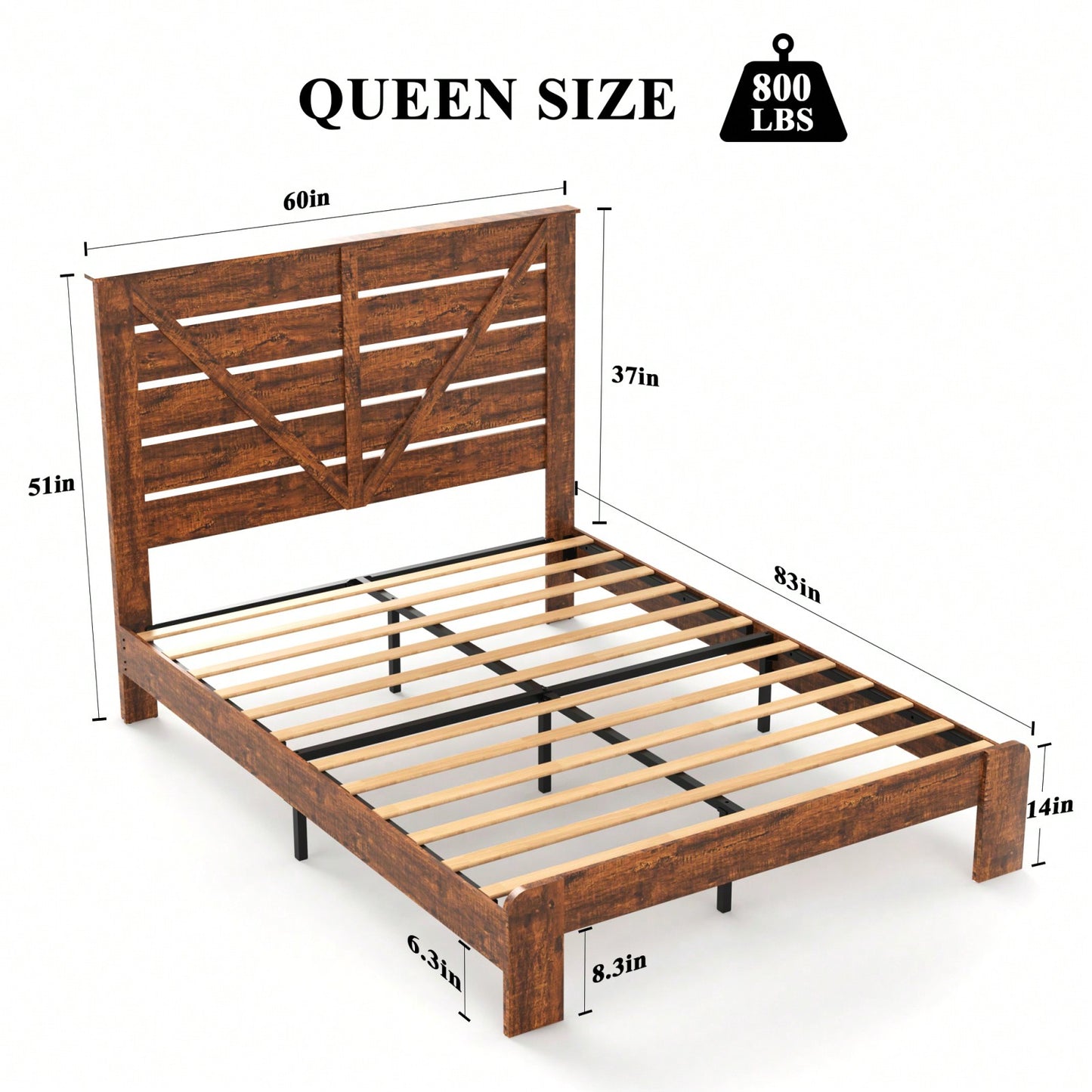 Queen Bed Frame Headboard And Charging Station, Wood Platform Bed, Sturdy And No Noise, No Box Spring Needed