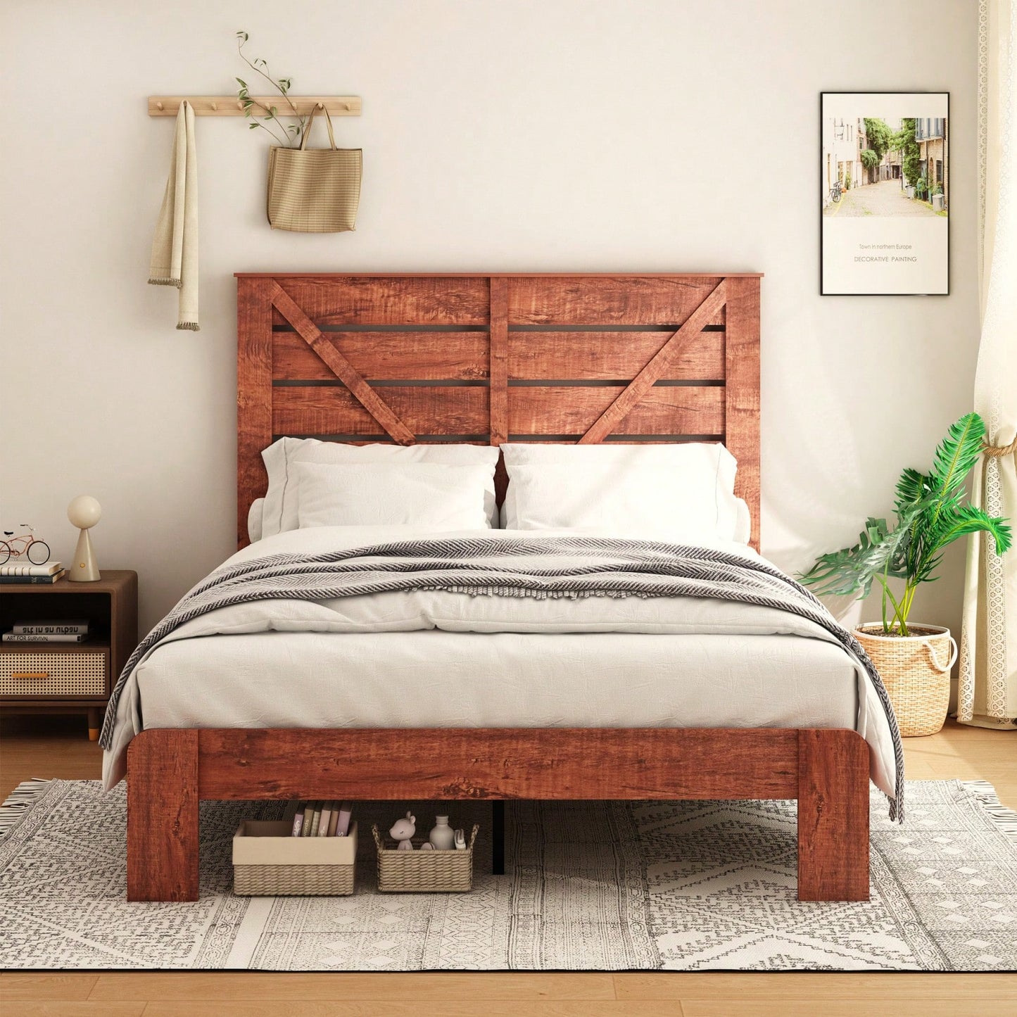 Queen Bed Frame Headboard And Charging Station, Wood Platform Bed, Sturdy And No Noise, No Box Spring Needed