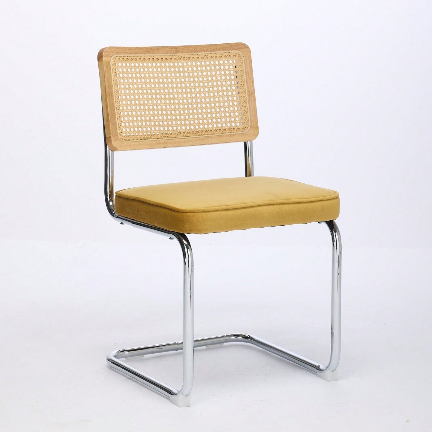 Mid Century Modern Velvet Dining Chairs Set of 2 with Cane Back and Chrome Base Breuer Inspired Rattan Kitchen Accent Chairs