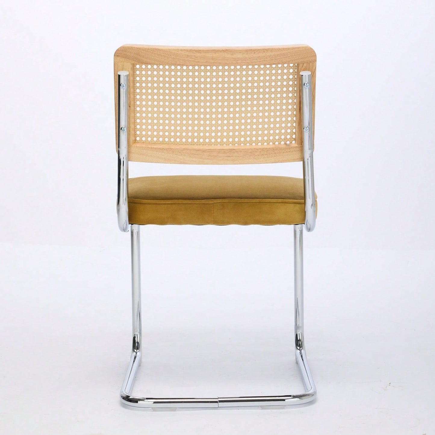 Mid Century Modern Velvet Dining Chairs Set of 2 with Cane Back and Chrome Base Breuer Inspired Rattan Kitchen Accent Chairs