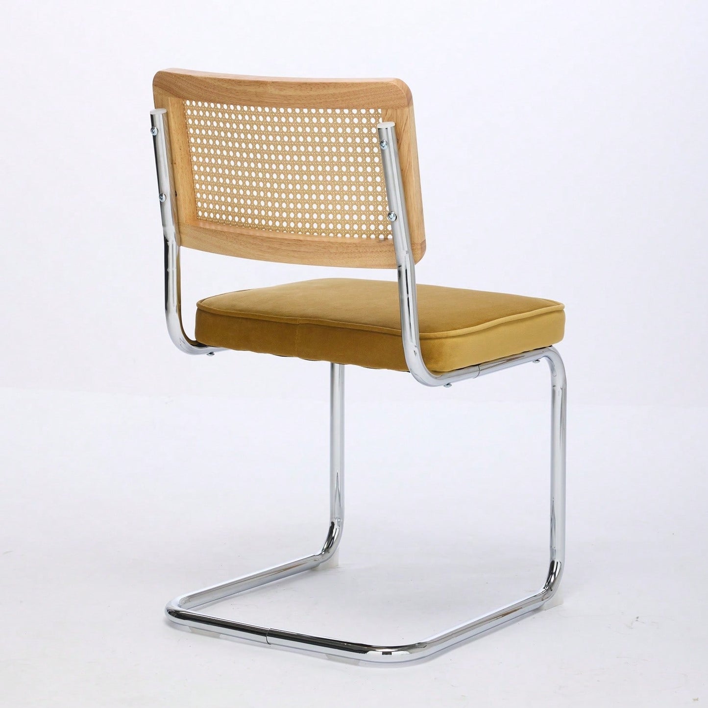 Mid Century Modern Velvet Dining Chairs Set of 2 with Cane Back and Chrome Base Breuer Inspired Rattan Kitchen Accent Chairs