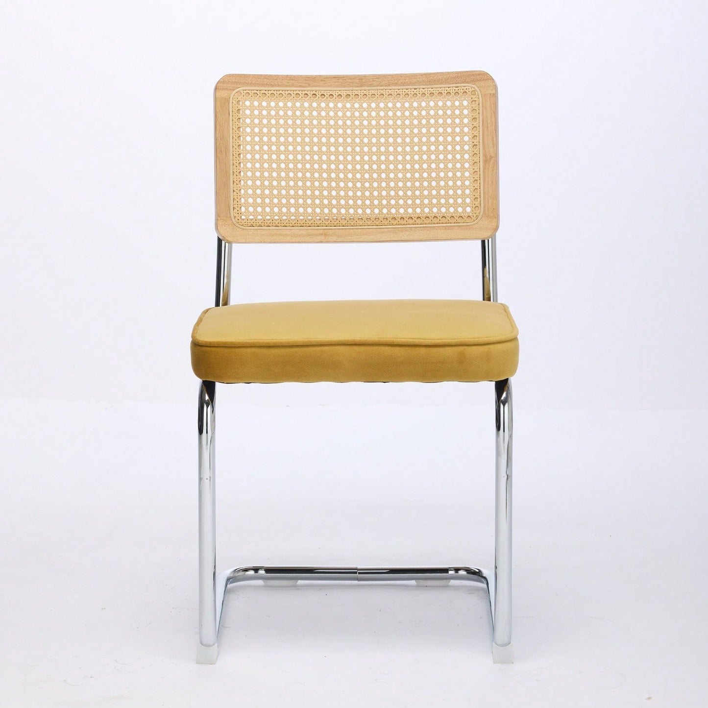 Mid Century Modern Velvet Dining Chairs Set of 2 with Cane Back and Chrome Base Breuer Inspired Rattan Kitchen Accent Chairs