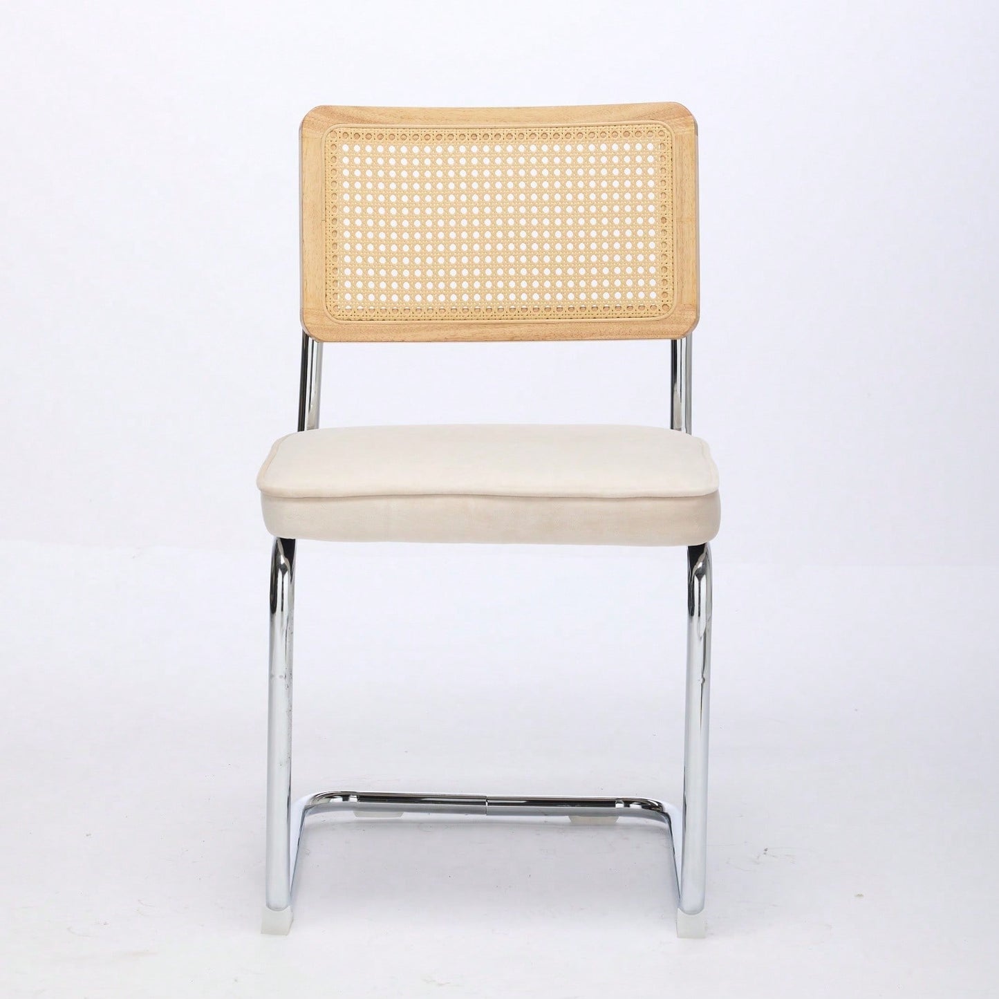Mid Century Modern Velvet Dining Chairs Set of 2 with Cane Back and Chrome Base Breuer Inspired Rattan Kitchen Accent Chairs
