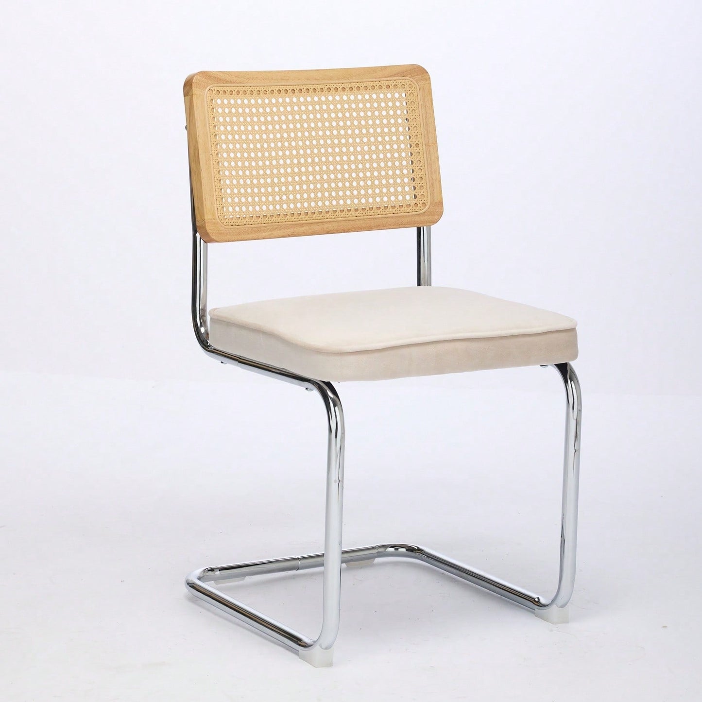 Mid Century Modern Velvet Dining Chairs Set of 2 with Cane Back and Chrome Base Breuer Inspired Rattan Kitchen Accent Chairs