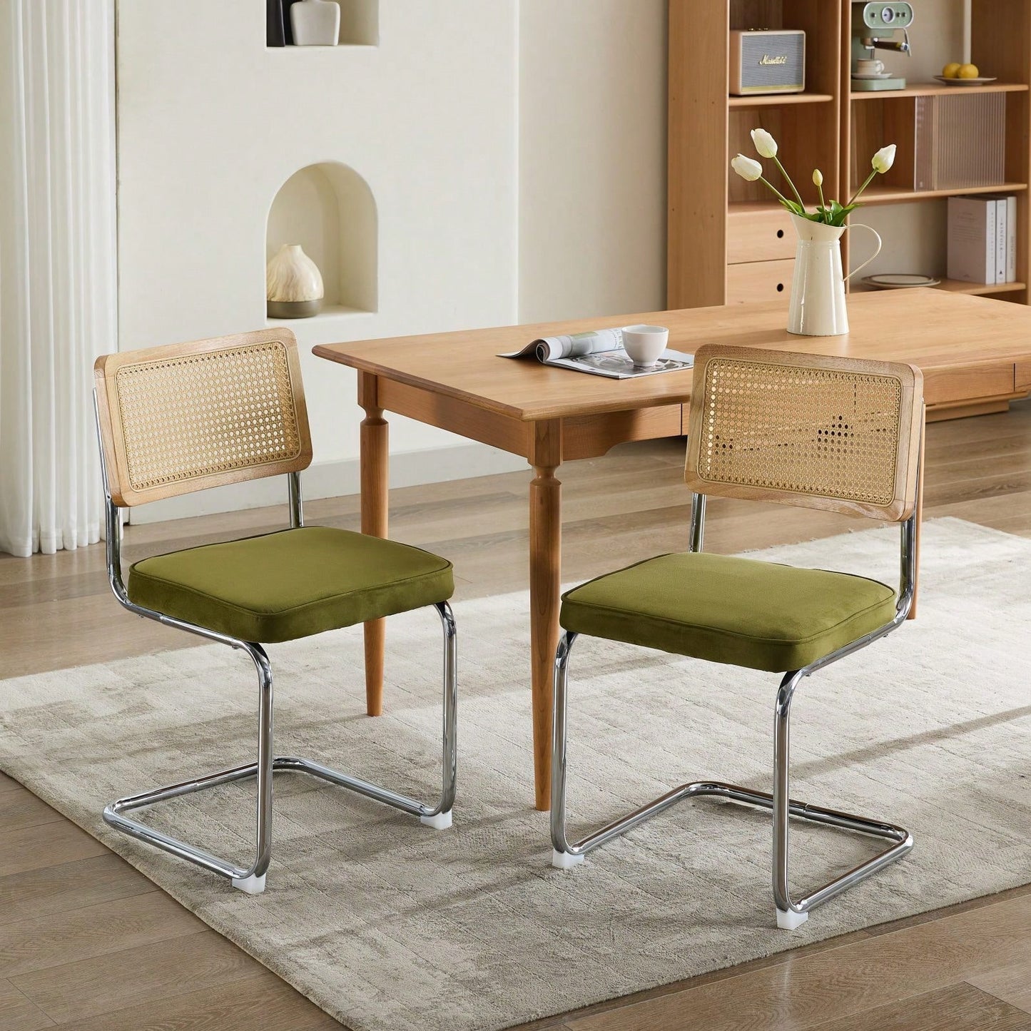 Mid Century Modern Velvet Dining Chairs Set of 2 with Cane Back and Chrome Base Breuer Inspired Rattan Kitchen Accent Chairs