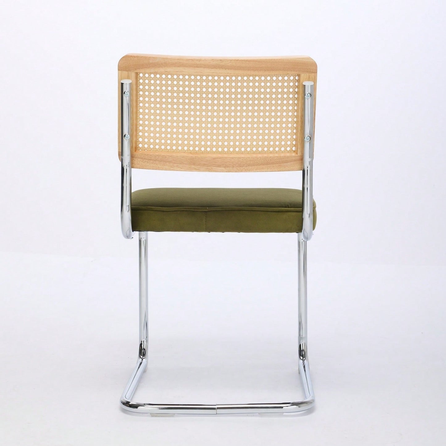 Mid Century Modern Velvet Dining Chairs Set of 2 with Cane Back and Chrome Base Breuer Inspired Rattan Kitchen Accent Chairs