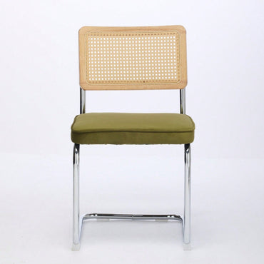 Mid Century Modern Velvet Dining Chairs Set of 2 with Cane Back and Chrome Base Breuer Inspired Rattan Kitchen Accent Chairs