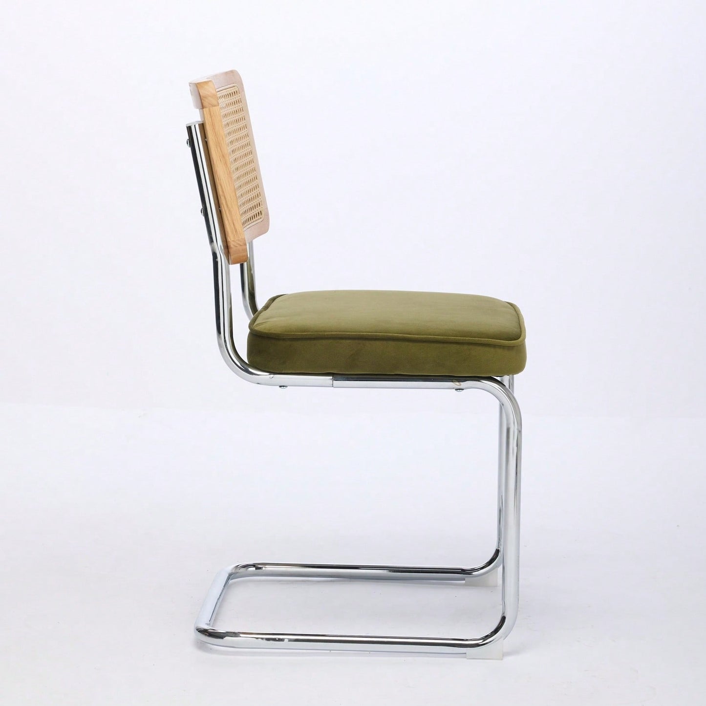 Mid Century Modern Velvet Dining Chairs Set of 2 with Cane Back and Chrome Base Breuer Inspired Rattan Kitchen Accent Chairs