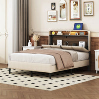 Full Size Upholstered Platform Bed With Storage Headboard, Sensor Light And A Set Of Sockets And USB Ports, Linen Fabric