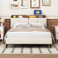 Full Size Upholstered Platform Bed With Storage Headboard, Sensor Light And A Set Of Sockets And USB Ports, Linen Fabric