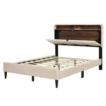 Full Size Upholstered Platform Bed With Storage Headboard, Sensor Light And A Set Of Sockets And USB Ports, Linen Fabric