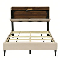 Full Size Upholstered Platform Bed With Storage Headboard, Sensor Light And A Set Of Sockets And USB Ports, Linen Fabric