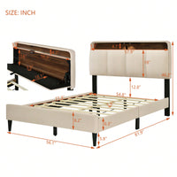 Full Size Upholstered Platform Bed With Storage Headboard, Sensor Light And A Set Of Sockets And USB Ports, Linen Fabric