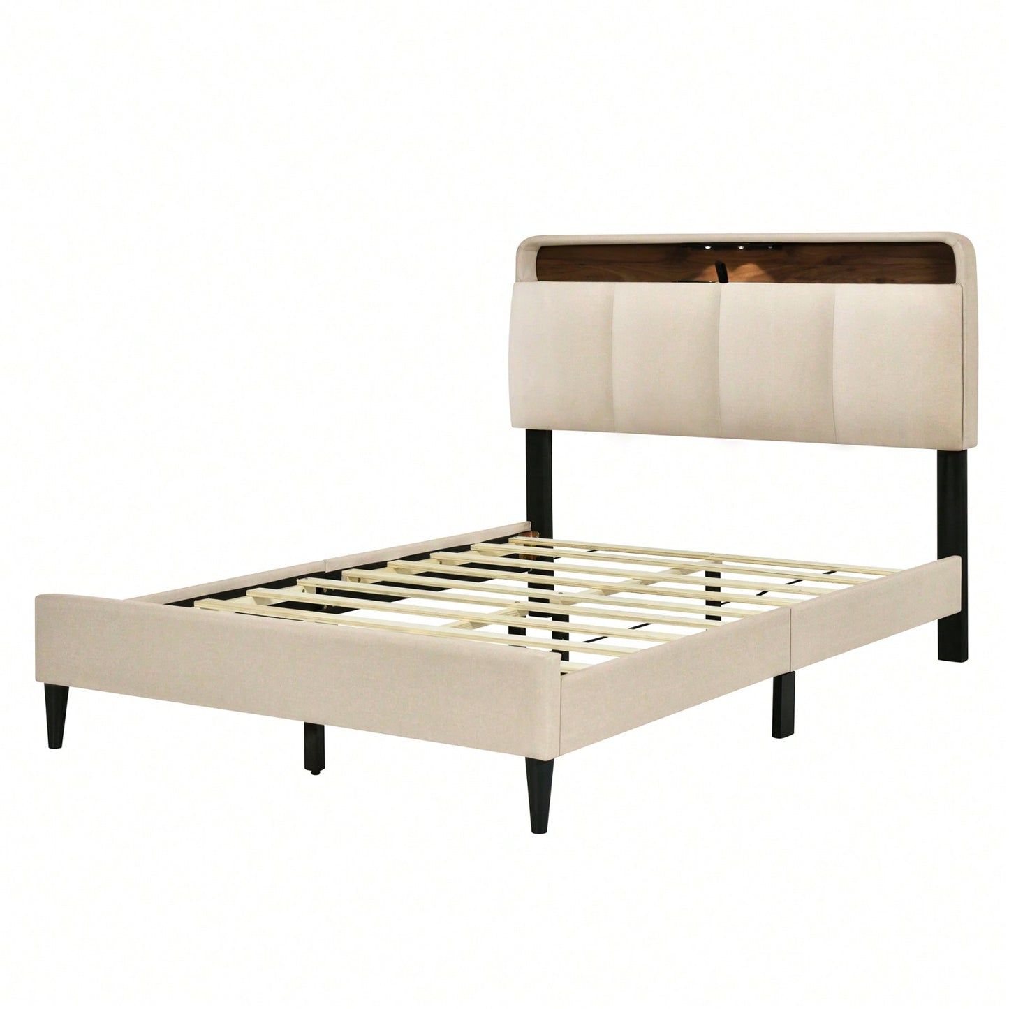 Full Size Upholstered Platform Bed With Storage Headboard, Sensor Light And A Set Of Sockets And USB Ports, Linen Fabric