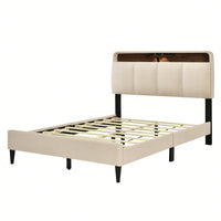 Full Size Upholstered Platform Bed With Storage Headboard, Sensor Light And A Set Of Sockets And USB Ports, Linen Fabric