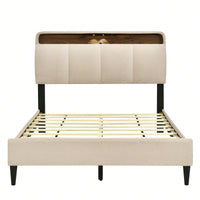 Full Size Upholstered Platform Bed With Storage Headboard, Sensor Light And A Set Of Sockets And USB Ports, Linen Fabric