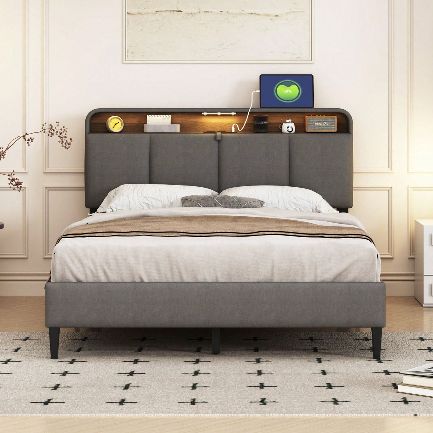 Full Size Upholstered Platform Bed With Storage Headboard, Sensor Light And A Set Of Sockets And USB Ports, Linen Fabric