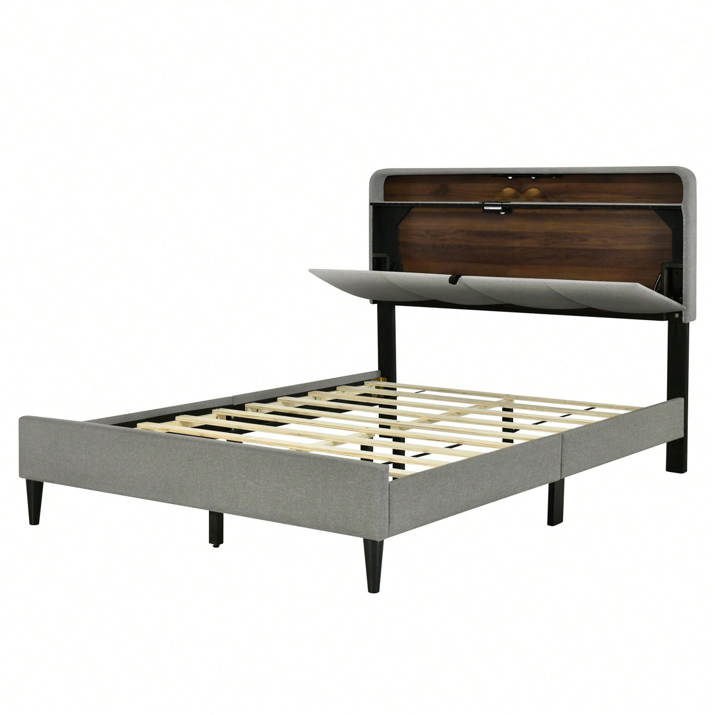 Full Size Upholstered Platform Bed With Storage Headboard, Sensor Light And A Set Of Sockets And USB Ports, Linen Fabric