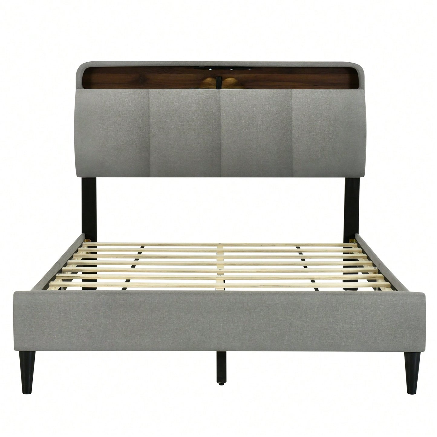 Full Size Upholstered Platform Bed With Storage Headboard, Sensor Light And A Set Of Sockets And USB Ports, Linen Fabric