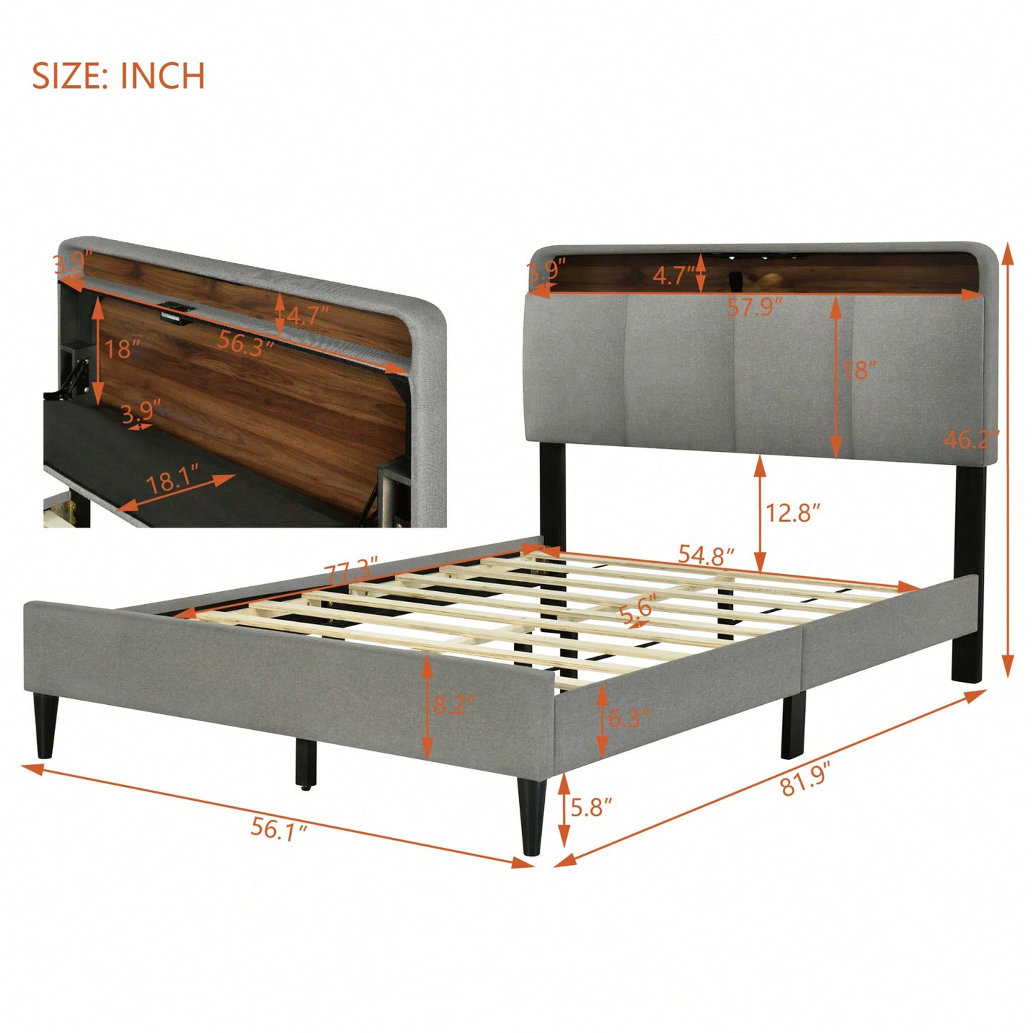 Full Size Upholstered Platform Bed With Storage Headboard, Sensor Light And A Set Of Sockets And USB Ports, Linen Fabric