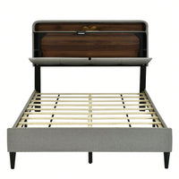 Full Size Upholstered Platform Bed With Storage Headboard, Sensor Light And A Set Of Sockets And USB Ports, Linen Fabric