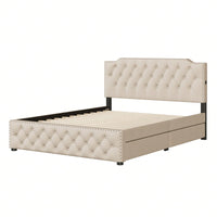 Queen Size Upholstered Platform Bed With 2 Drawers And 2 Sets Of USB Ports On Each Side, Linen Fabric