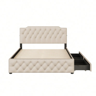 Queen Size Upholstered Platform Bed With 2 Drawers And 2 Sets Of USB Ports On Each Side, Linen Fabric