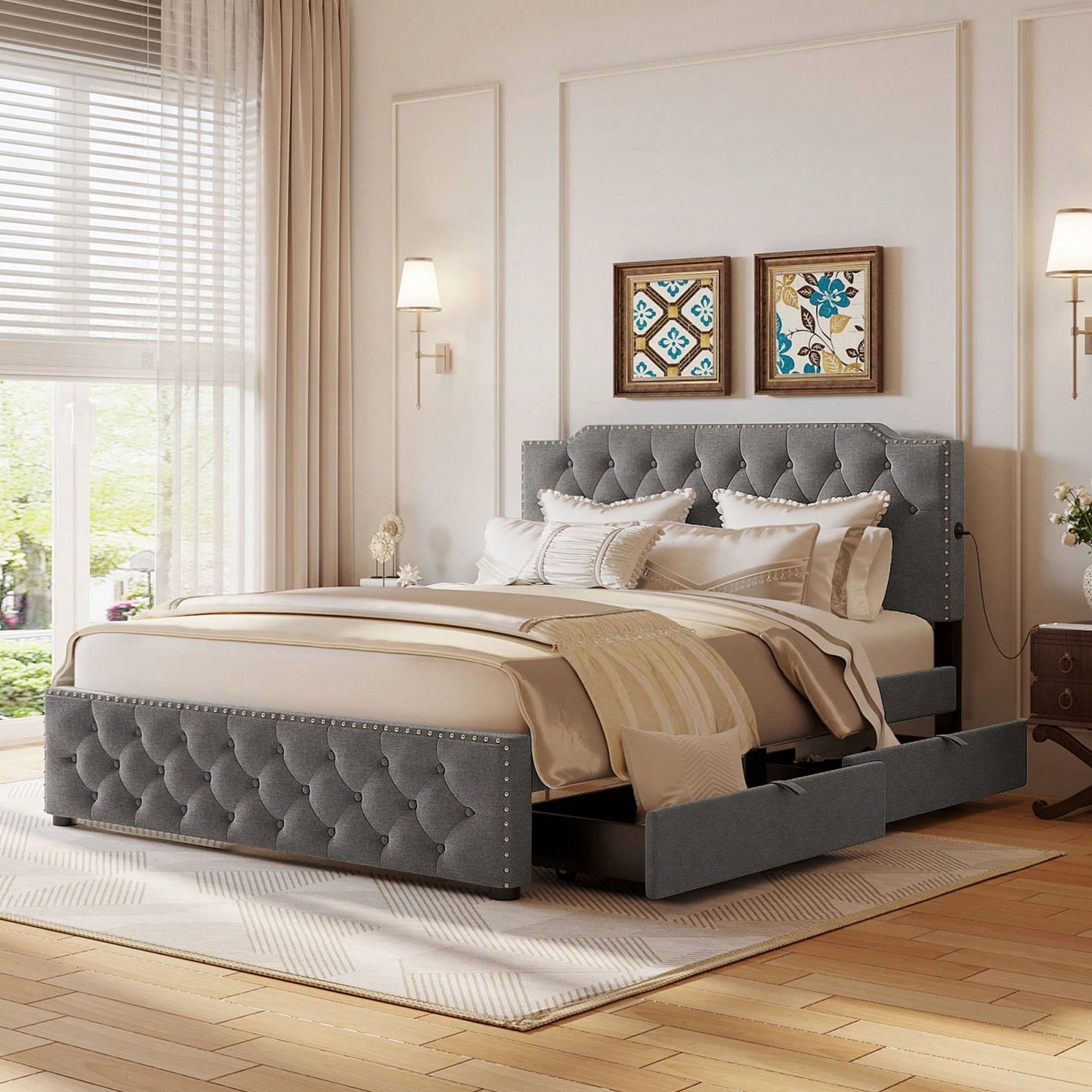 Queen Size Upholstered Platform Bed With 2 Drawers And 2 Sets Of USB Ports On Each Side, Linen Fabric