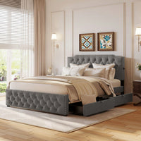 Queen Size Upholstered Platform Bed With 2 Drawers And 2 Sets Of USB Ports On Each Side, Linen Fabric
