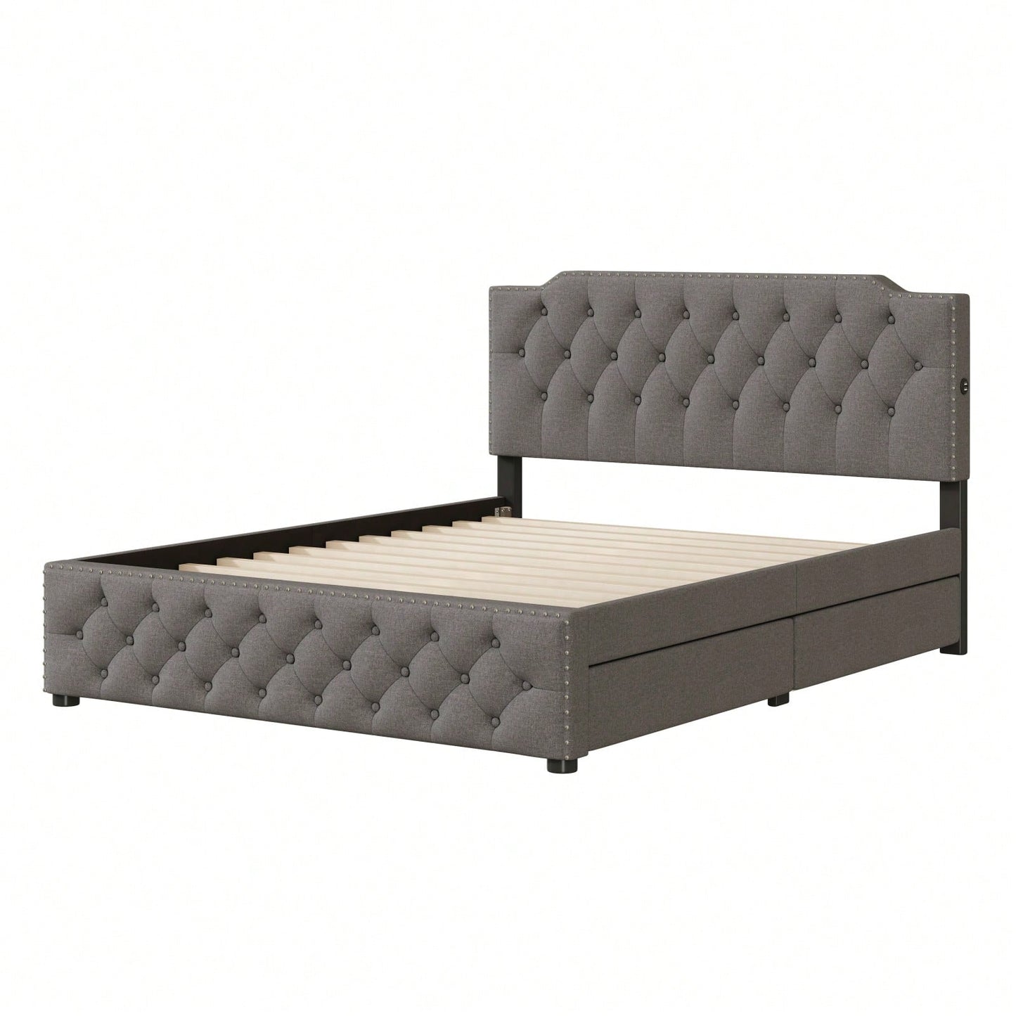 Queen Size Upholstered Platform Bed With 2 Drawers And 2 Sets Of USB Ports On Each Side, Linen Fabric