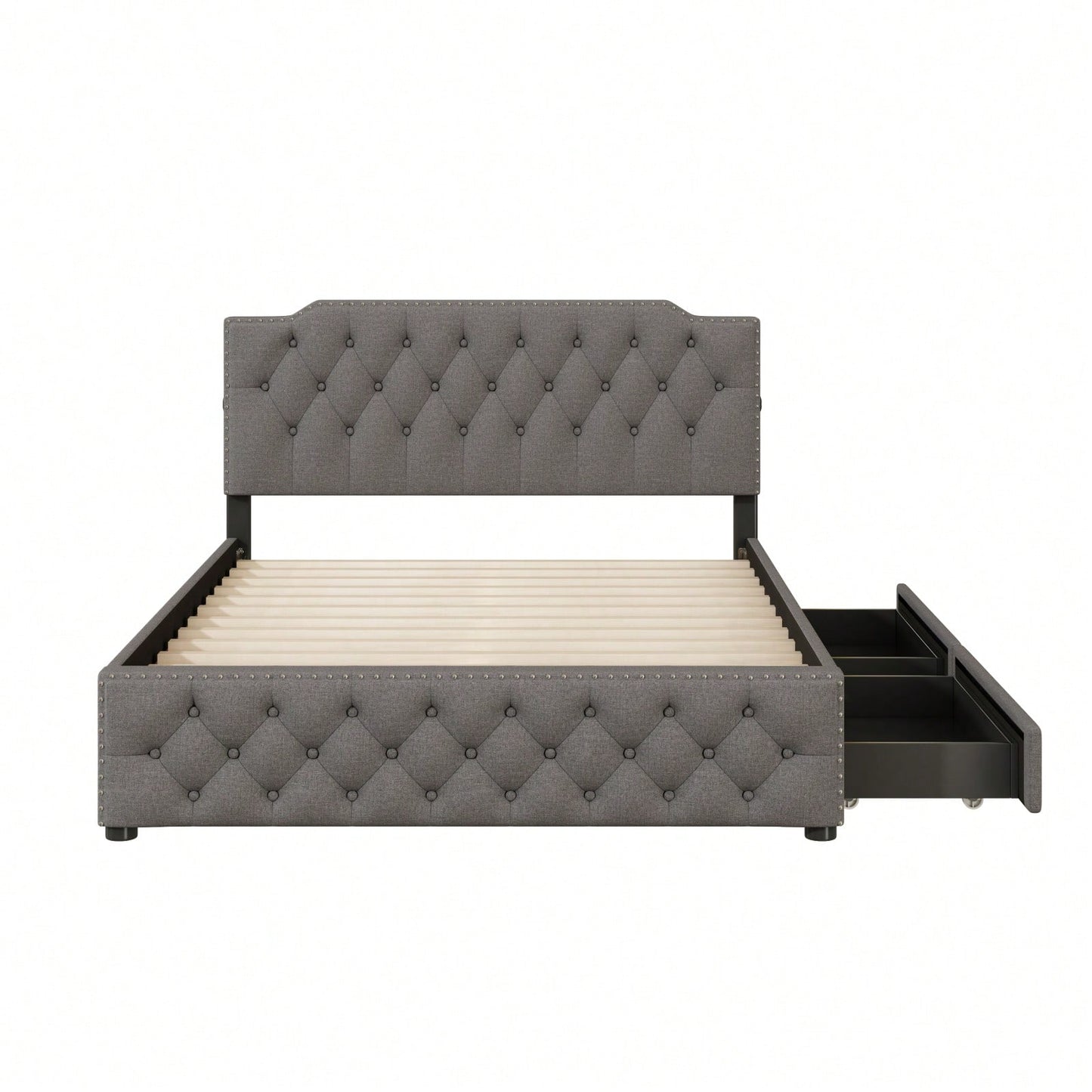 Queen Size Upholstered Platform Bed With 2 Drawers And 2 Sets Of USB Ports On Each Side, Linen Fabric